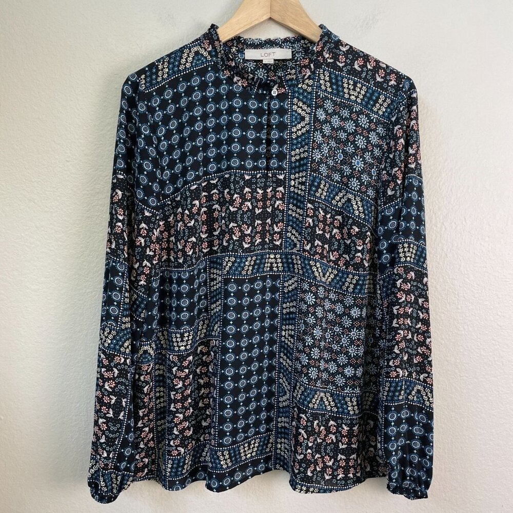 Loft Womens Medium Patchwork Back Peplum Blouse Long Sleeve‎ Shirt Top - Picture 2 of 12